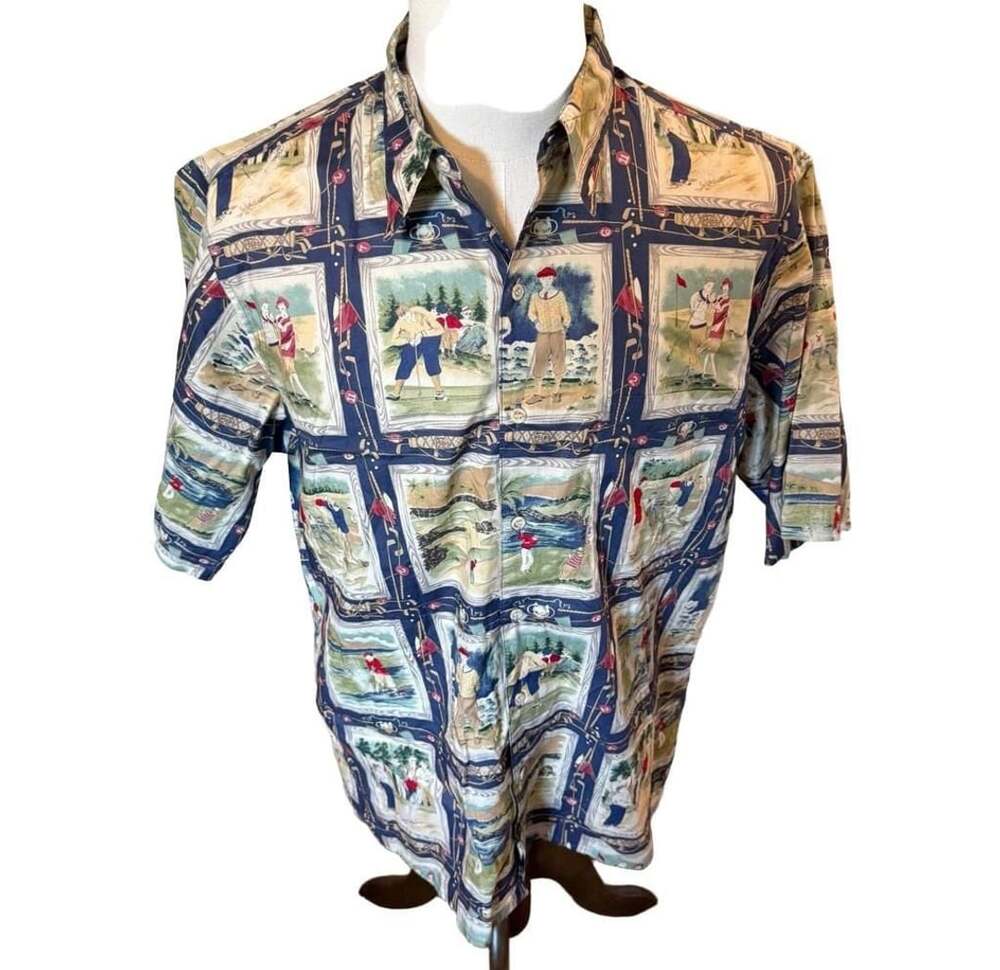 Vintage Reyn Spooner Golf Print Hawaiian Shirt Size L Egyptian Cotton Button-Up